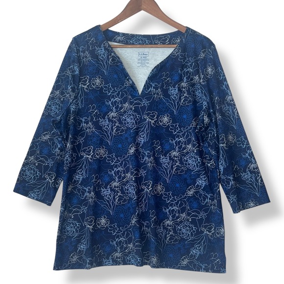 L.L. Bean XL 100% Supima Cotton Floral T-Shirt Blouse Lot of 2 Blue Cottagecore - Picture 2 of 16